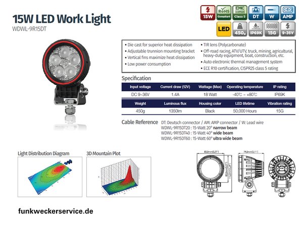 15W LED Arbeitsscheinwerfer WELDEX WDWL-9R15DT